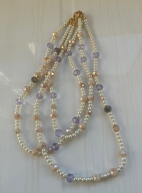 白色琉璃珍珠多层项链粉色紫色捷克水晶珠 很温柔的颜色