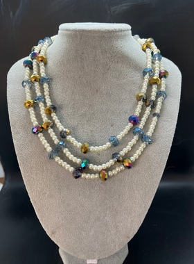 三层白色琉璃珍珠短款项链炫彩捷克水晶珠多层项链 长度45+50+55