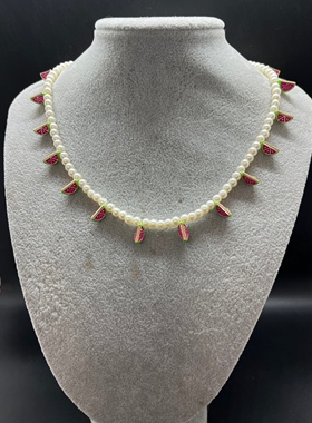 白色琉璃珍珠短款项链小西瓜夏天的感觉合金材质手工珐琅彩工艺