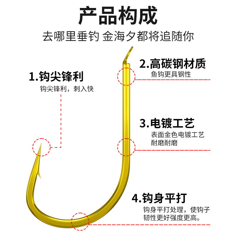 进口正品日本新型倒刺金海夕鱼钩散装锋利伊势尼关东平打钩鲫鱼钩