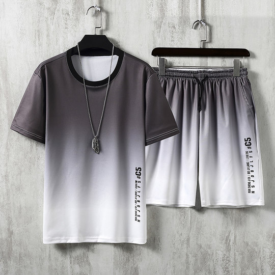 冰丝五分短裤套装男夏季薄款宽松潮流男装帅气休闲运动外穿两件套