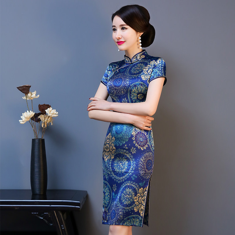 青花瓷蓝色真丝旗袍妈妈蚕丝连衣裙 美舒饰旗袍