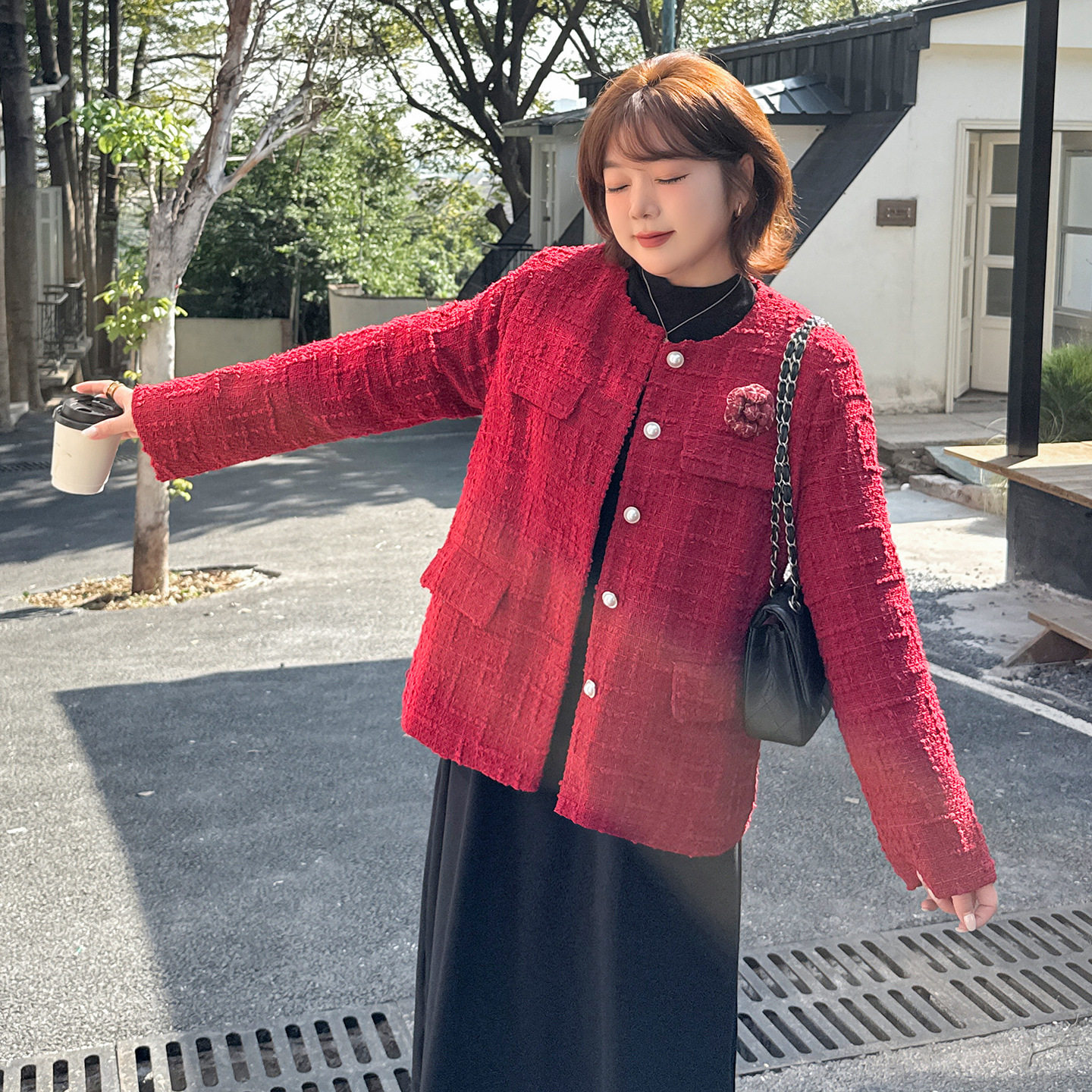 胖mm洋气山茶花胸针小香粗呢外套2025冬新款含羊毛保暖上衣433954,淘宝优惠券,粉丝福利购,淘宝优惠卷