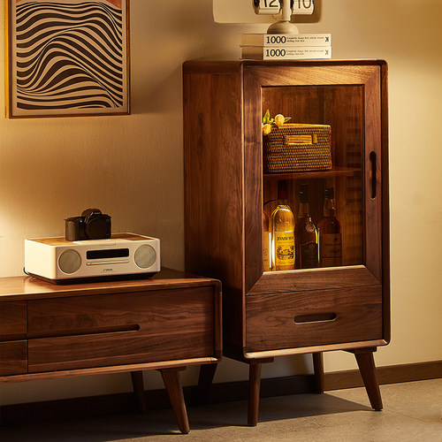 yamoo北美黑胡桃木小酒柜北欧简约客厅实木靠墙边柜家用储物矮柜 - 图0
