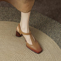 GAIAIER retro charm temperament ~ 2022 genuine leather square head coarse and explosive womens single shoe sandal sandals