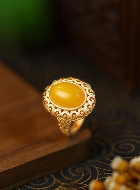 新中式古法镀金仿蜜蜡复古戒指