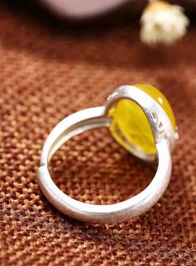 国潮黄玉髓梅花戒指女s925银哑光