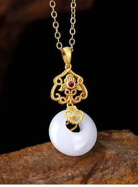 新中式镀金镶嵌平安扣玉石祥云项链女复古时尚轻奢百搭小众锁骨链