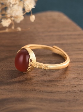 国潮古风镀金天然玛瑙玉髓戒指女复古创意时尚百搭气质高级感指环