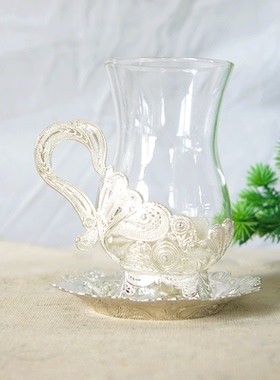 欧式高端金属束收腰杯云丝郁金香玻璃陶瓷杯子高端办公室书房水杯