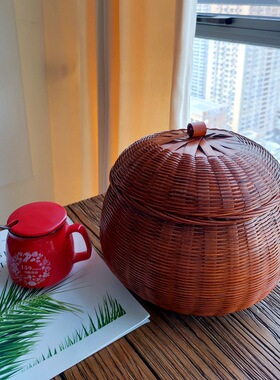 复古色竹编南瓜篮茶叶罐家用零食鸡蛋收纳筐带盖子手工编织装饰篮