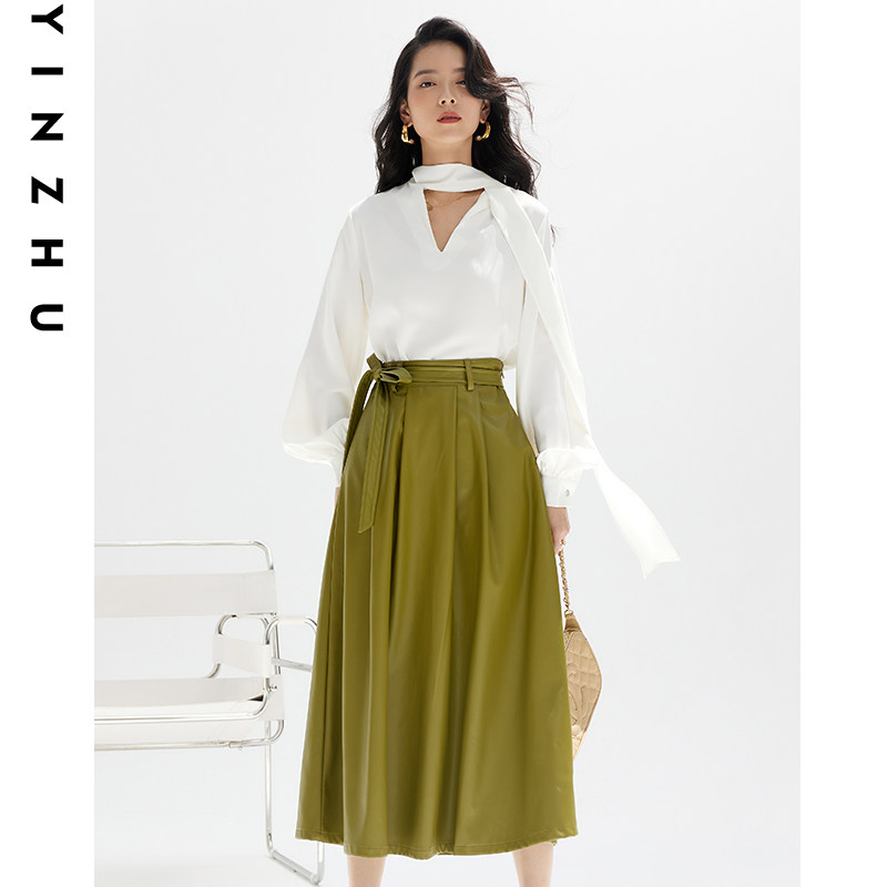 法式v领飘带系带雪纺女设计感衬衫 茵竹蕾丝衫/雪纺衫