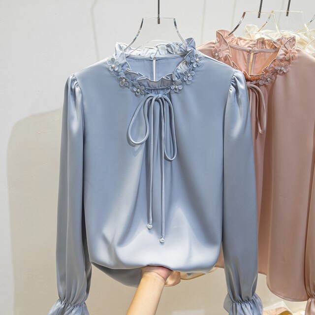 2025 New Fungus Lace Stand Collar Tie White Shirt Women's Glossy Satin Bottoming Long Sleeve Temperament Top