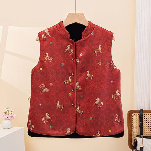 新中式国风复古立领背心马甲背心女高端两面穿金丝绒拼接提花坎肩 - 图2