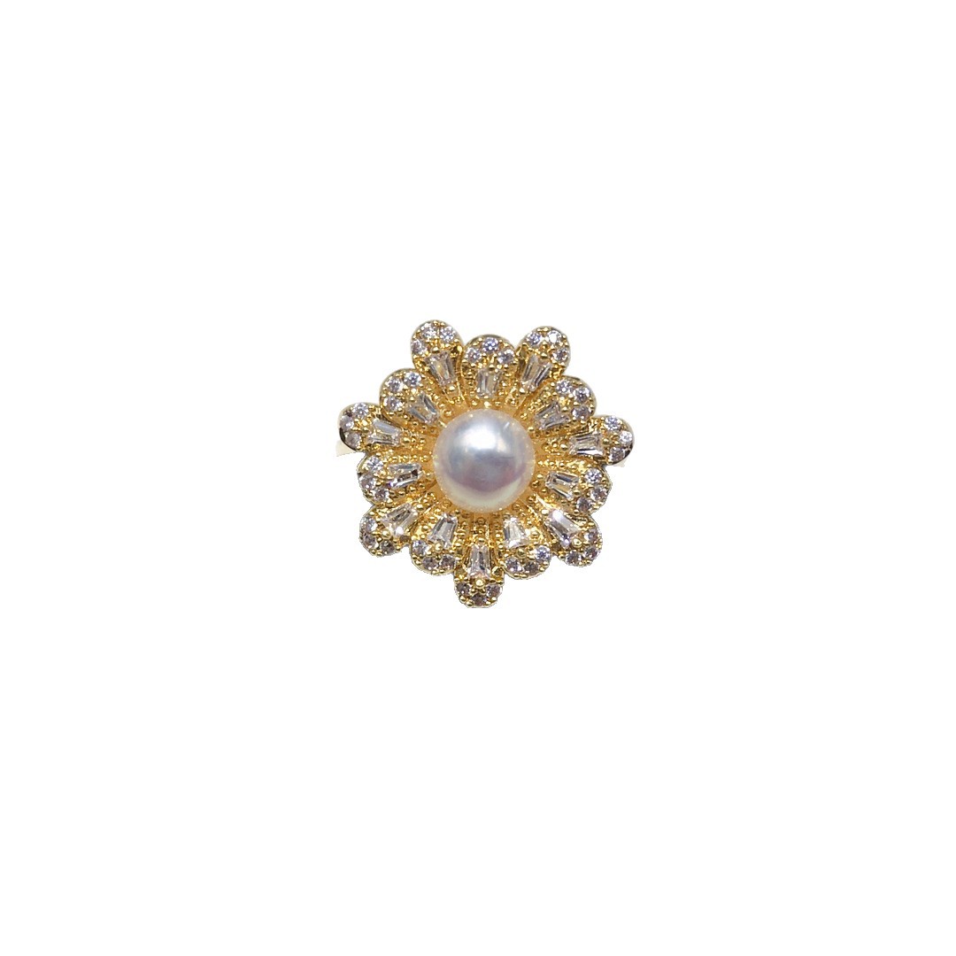 Natural freshwater pearl ring for women, light luxury, high-end, fully inlaid with zircon, exquisite bright flower pearl jewelry wholesale