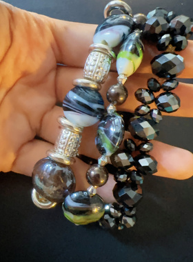 中古vintage复古宫廷风黑金琉璃水晶串珠手链手串三件一套可分开