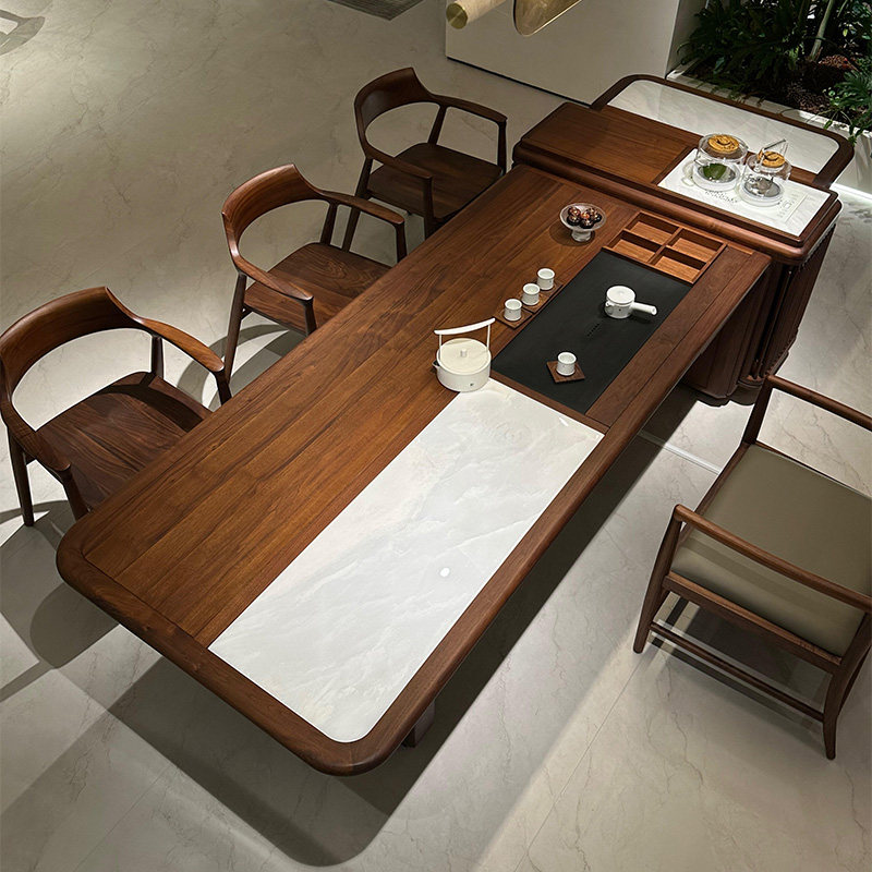 新中式实木茶桌椅组合高端轻奢北美黑胡桃木岩板茶台办公酒店家具,淘宝优惠券,粉丝福利购,淘宝优惠卷