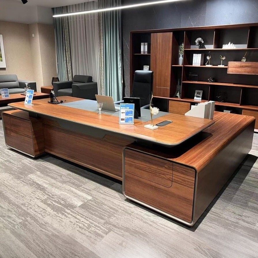 新中式北美黑胡桃木大班台简约实木老板桌高端轻奢办公室家具定制 - 图0