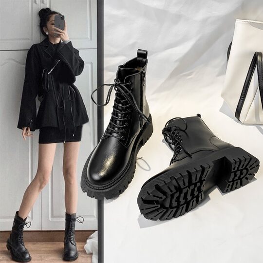 British style black martin boots for women 2025 autumn and winter new thick soles and heightening plus velvet short boots fashionable motorcycle boots