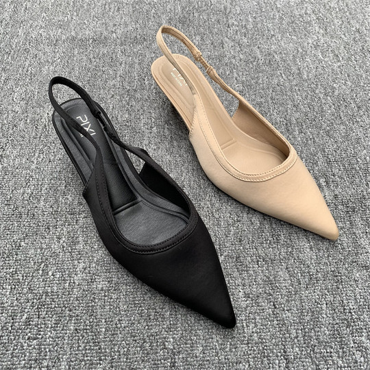 外贸原单春秋爆款时尚百搭休闲浅口尖头凉鞋女包头气质绸缎凉拖鞋