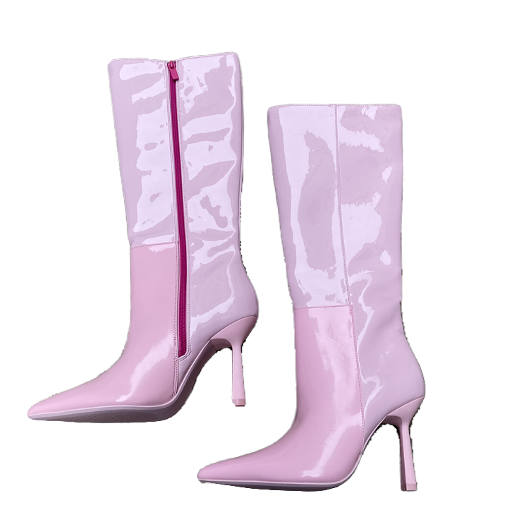 外贸西班牙欧美粉色系时装长靴尖头漆皮细跟超高跟靴侧拉链高筒靴