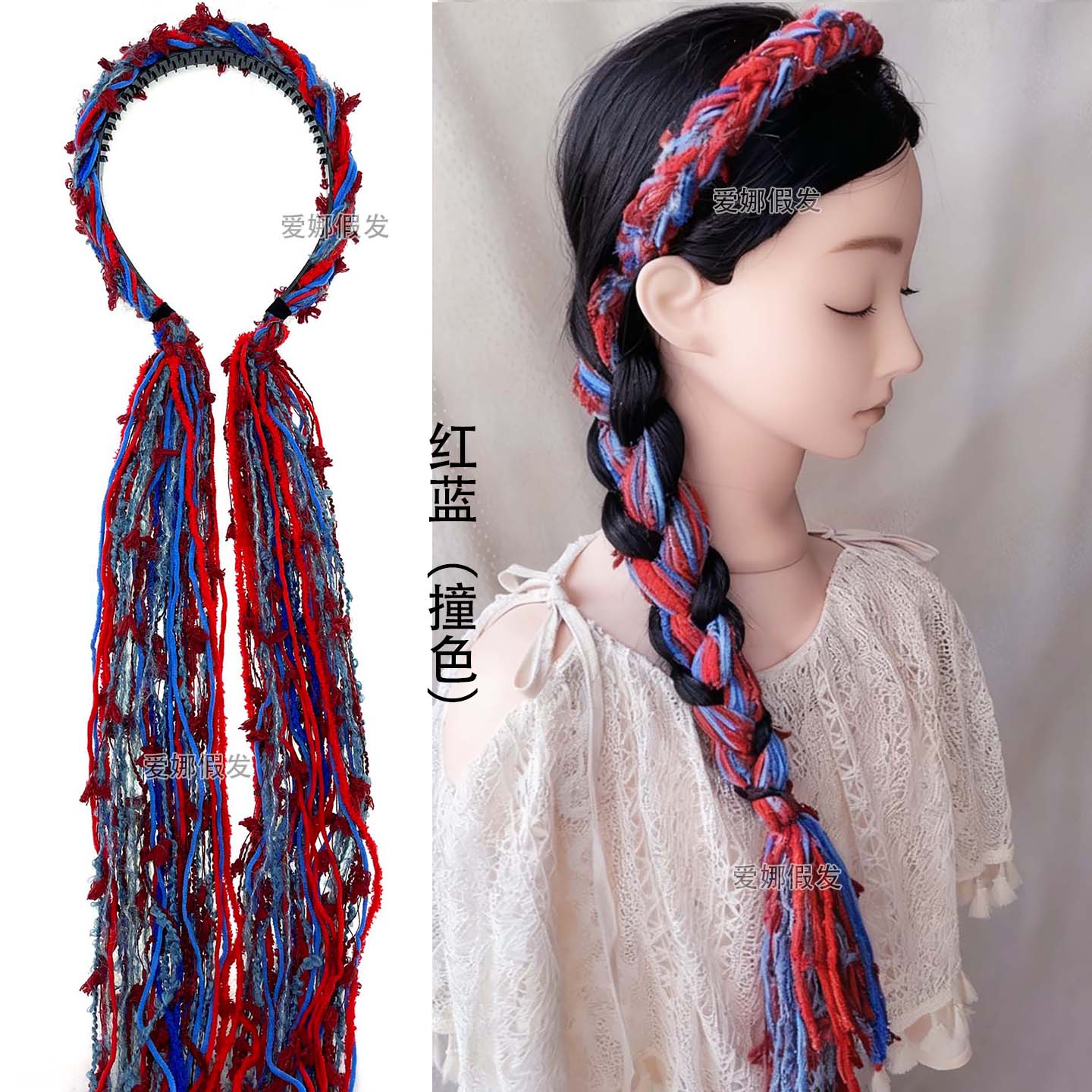 毛绒编发彩绳绑发宽边发箍 云南藏族民族风发带头箍 麻花辫发饰女 - 图2