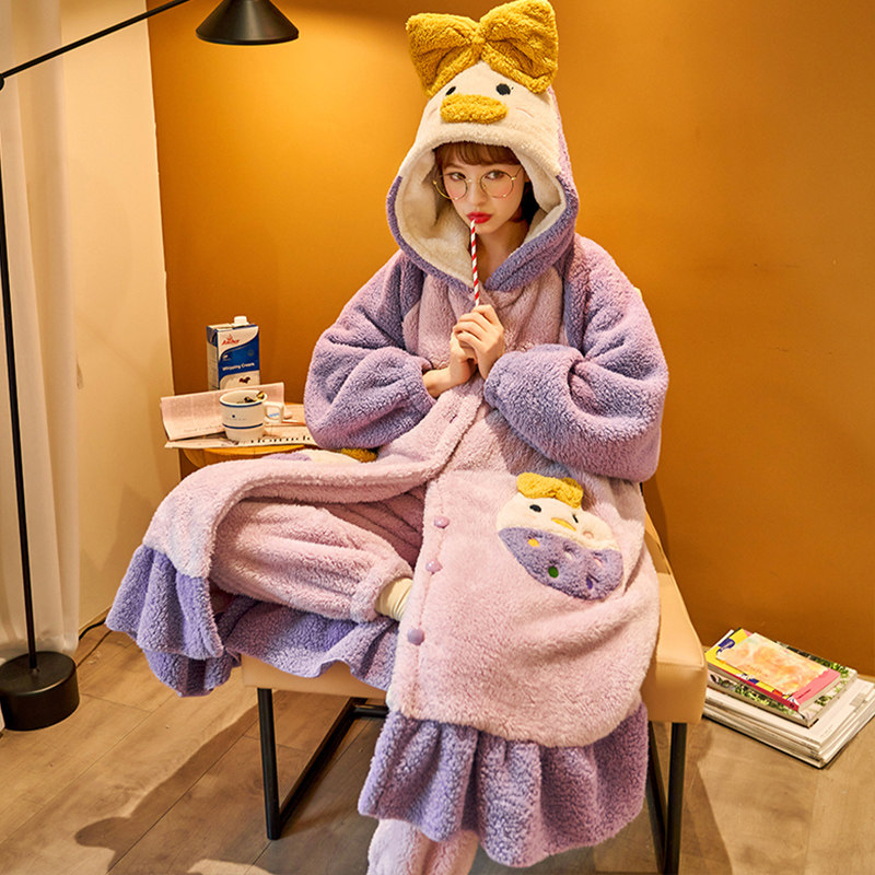 秋冬珊瑚绒加绒长款可爱小熊睡袍 睡尚美睡衣/家居服套装