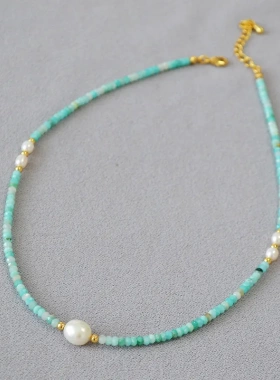 小众时尚清新绿色天然天河石真石淡水珍珠串珠个性气质项链锁骨链