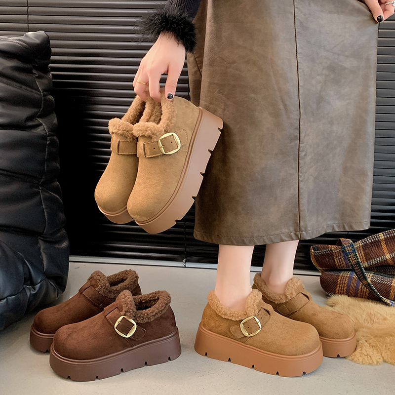 真皮厚底勃肯鞋女秋冬加绒2025年新款增高勃肯棉鞋一脚蹬乐福鞋子 - 图2