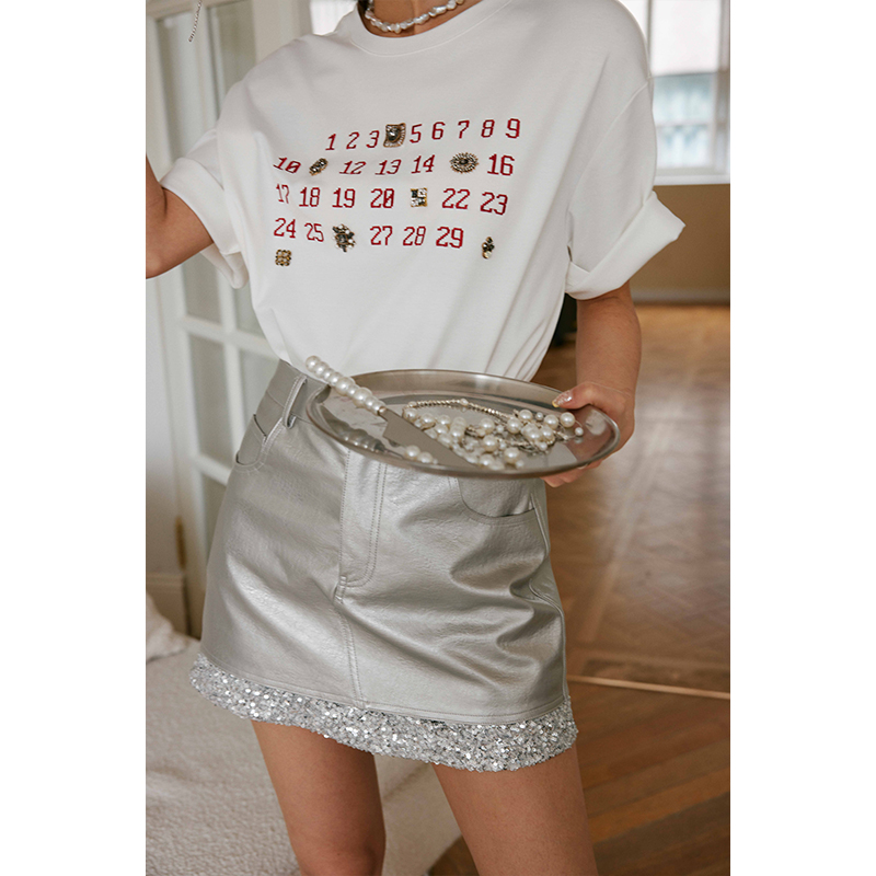 Rosebanks Silver Sequin & Leather Skirt 通勤银色亮片小皮裙 - 图2