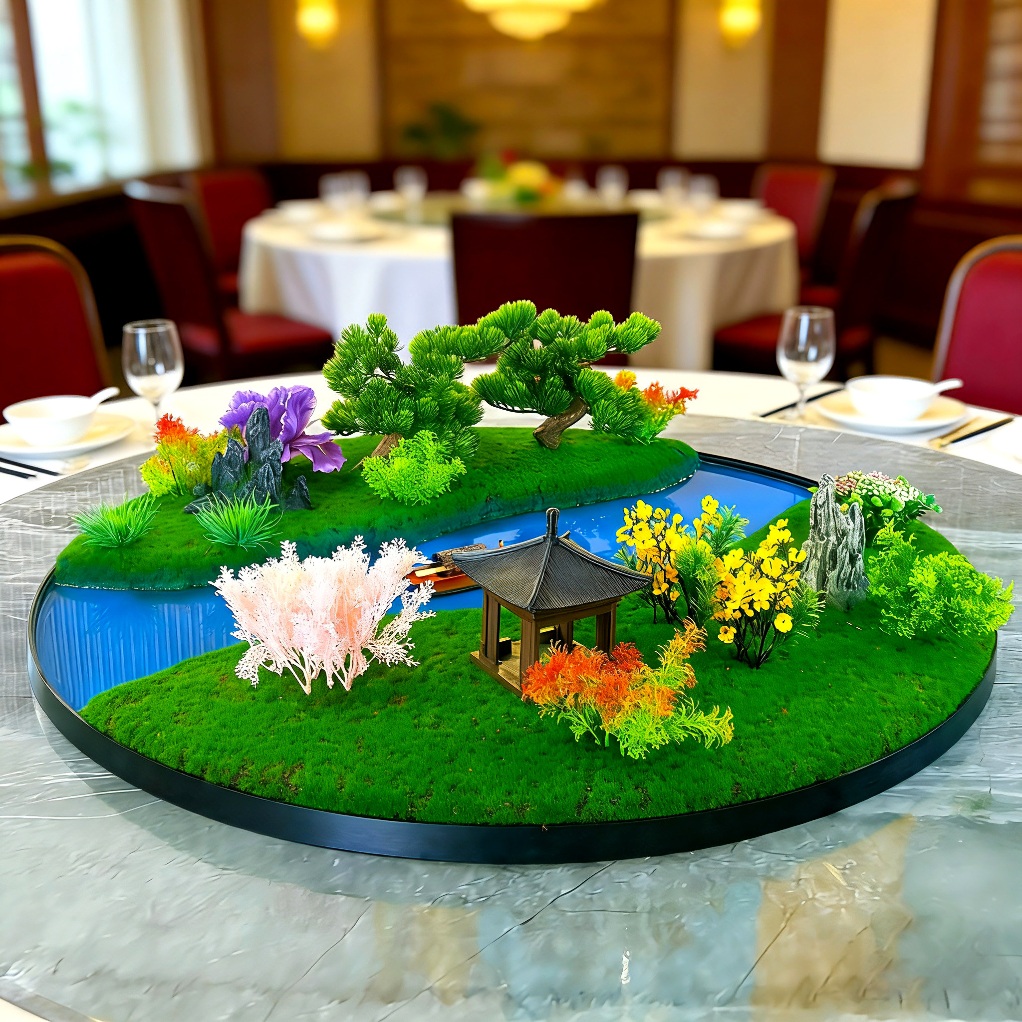 餐桌花艺酒店大圆桌转盘中间景观装饰仿真假花中式轻奢创意摆件,淘宝优惠券,粉丝福利购,淘宝优惠卷