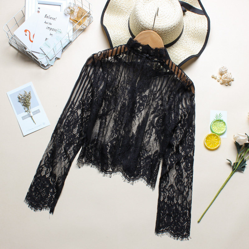 黑色蕾丝罩衫女修身网纱半高打底衫 妮玫姿蕾丝衫/雪纺衫