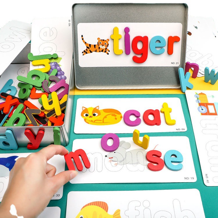 木制磁性英文字母磁贴积木拼图益智玩具儿童英语单词记背神器卡片 - 图3