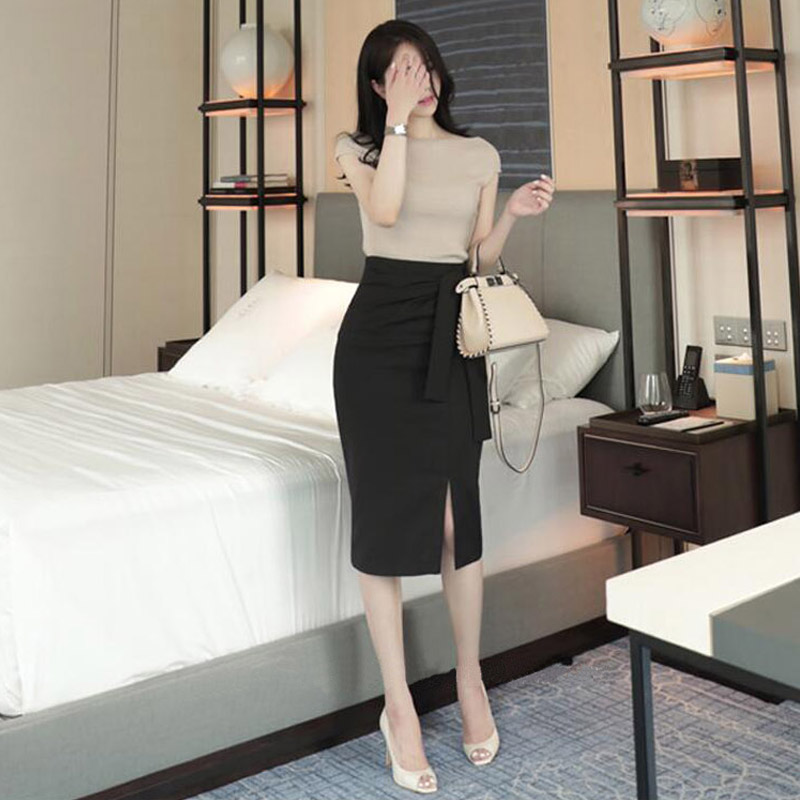 黑色中长款开叉高腰显瘦西装包臀裙 朵写半身裙