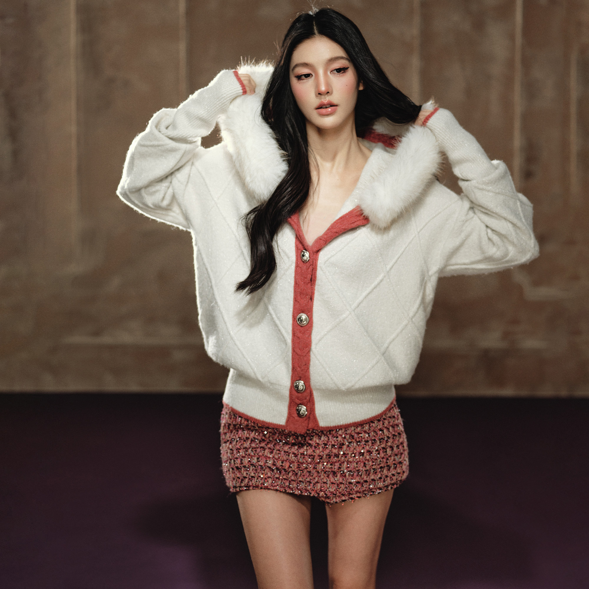 AGAM 可拆卸毛领撞色粗针菱格连帽开衫 羊腿袖慵懒松弛感毛衣外套,淘宝优惠券,粉丝福利购,淘宝优惠卷