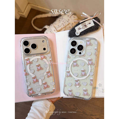 抱抱小熊！ins可爱插画亚克力透明磁吸全包大孔包按键手机壳适用于17/16promax/iphone15pro14 - 图0