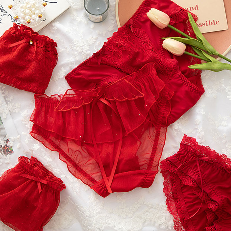 本命年大红色内裤少女新款可爱网纱甜美中腰大码性感蕾丝女三角裤,淘宝优惠券,粉丝福利购,淘宝优惠卷
