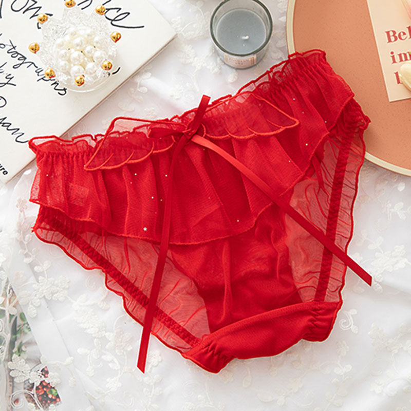本命年大红色内裤少女新款可爱网纱甜美中腰大码性感蕾丝女三角裤,淘宝优惠券,粉丝福利购,淘宝优惠卷
