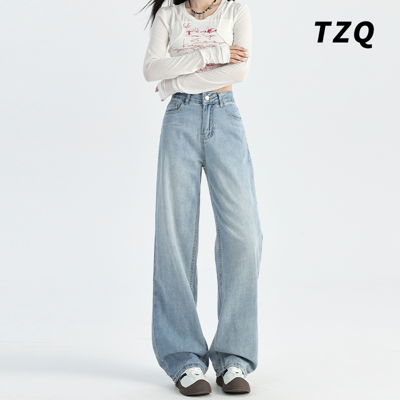 浅蓝色窄版阔腿牛仔裤女2025夏季薄款水洗百搭显瘦宽松垂感直筒裤 - 图0