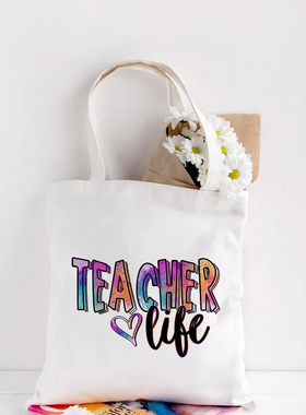 Teacher Life印花love帆布包单肩包教师节礼物学生手提购物袋外贸