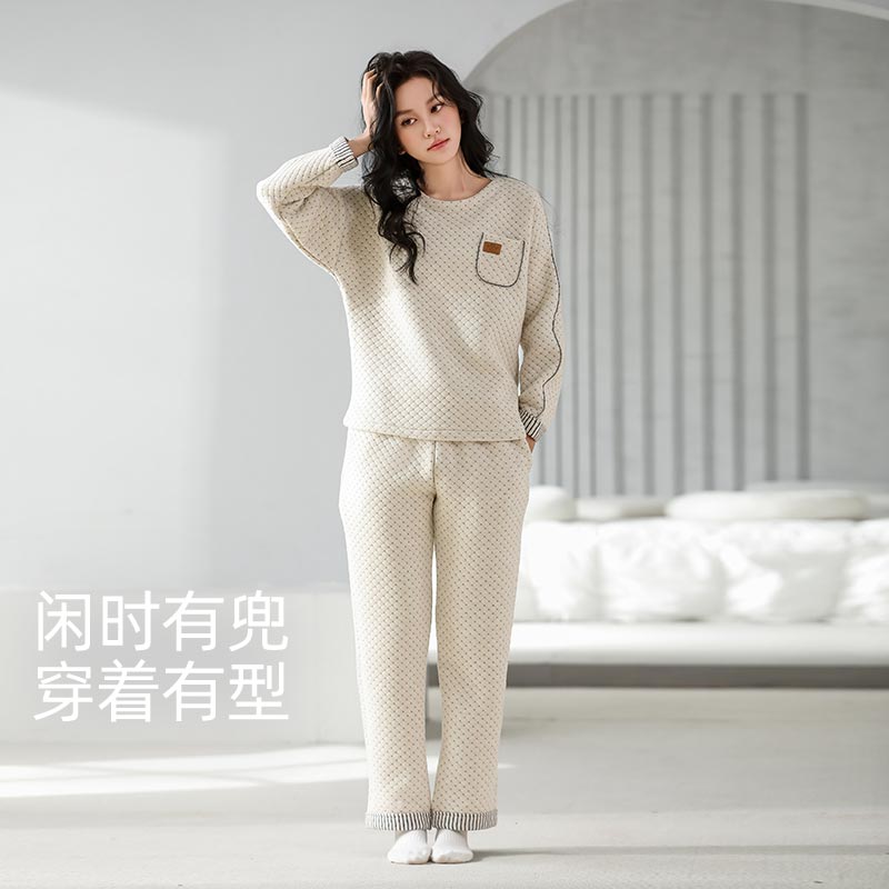 绮瑞睡衣女秋冬纯棉夹层保暖套装加厚棉袄睡衣女生冬款休闲薄夹棉