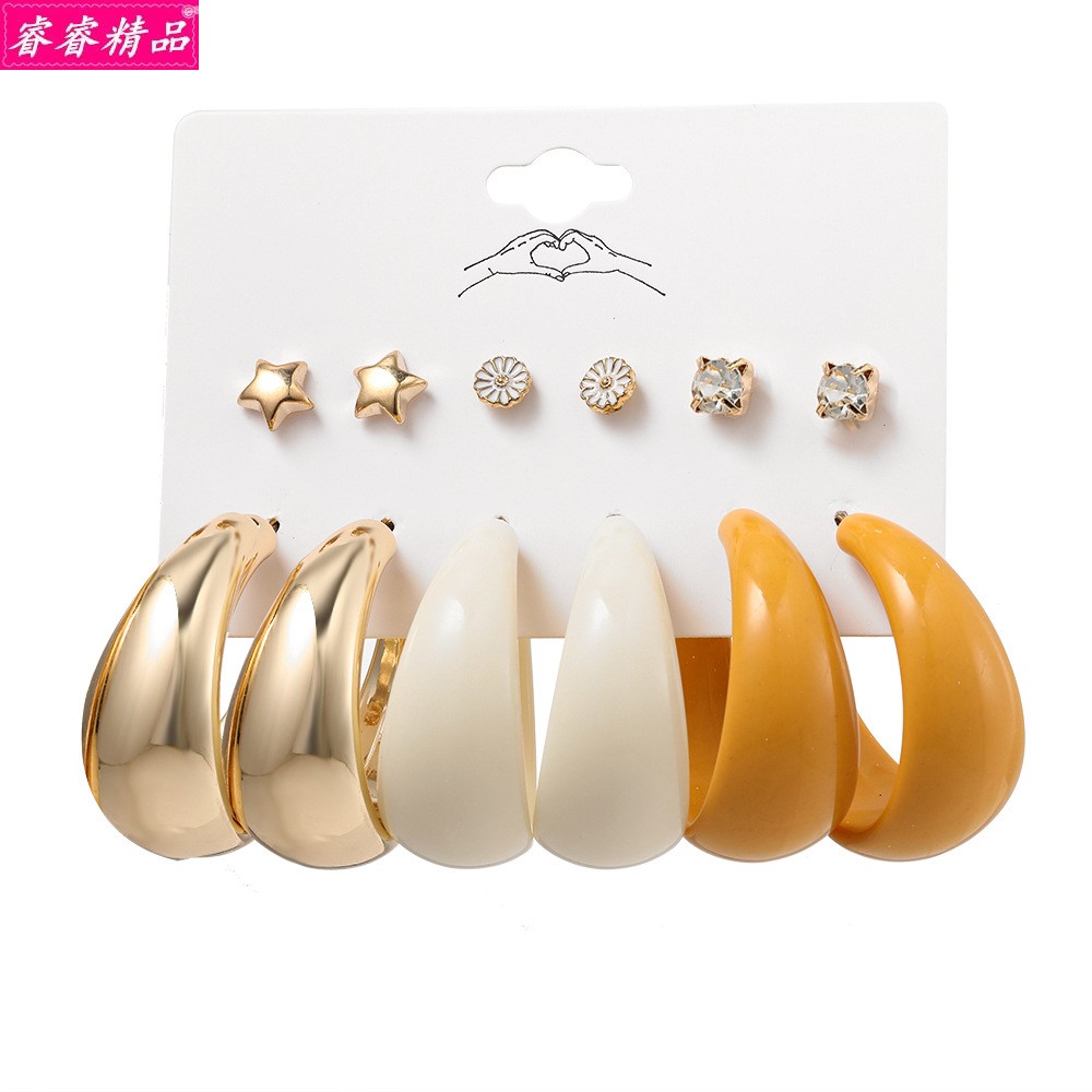 retro Acrylic exaggerated big earrings Set 6 Pairs Studs耳圈 - 图3