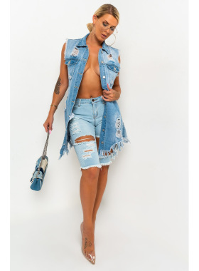 牛仔长马甲女 Women's fringe denim vest jacket long waistcoat