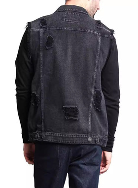 牛仔马甲Men's denim vest worn out waistcoat man singlet male