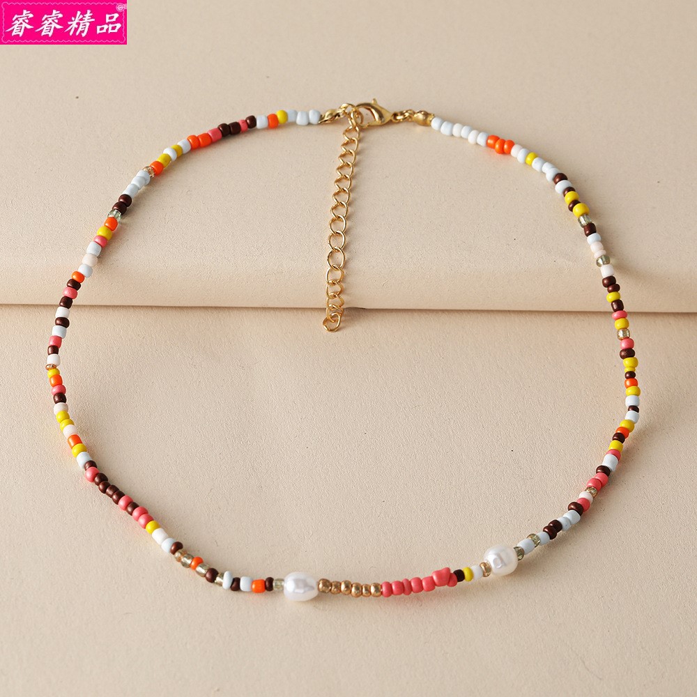 Rice Bead Necklace Beaded Pearl Lock Hoop personality choker - 图2