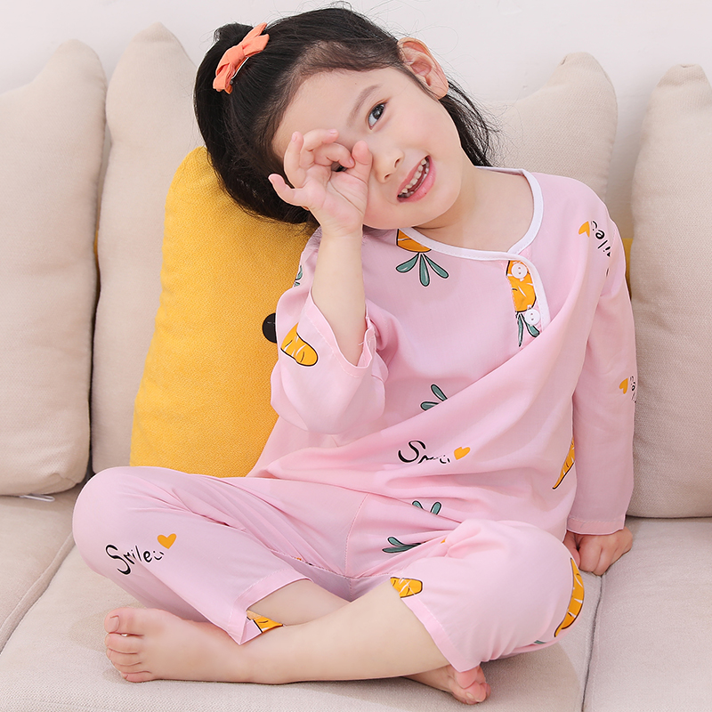 儿童棉绸睡衣夏季男童女童夏天男孩透气薄长袖宝宝小孩空调服套装