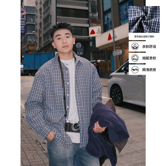 SANBAI 叁佰【Miu系蓝格子衬衫】男秋季新款休闲美式复古长袖衬衣