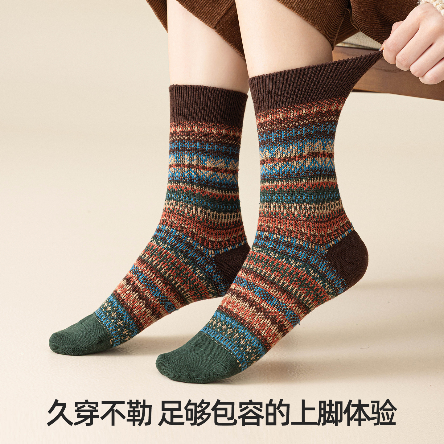 袜子女款秋冬季复古民族风中筒袜双针双路高筒吸汗棉袜日系堆堆袜 - 图3