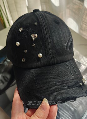 原创手工钉珠重工水钻破洞帽
