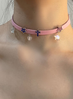 妹粉色y2k五角星水钻皮质项链